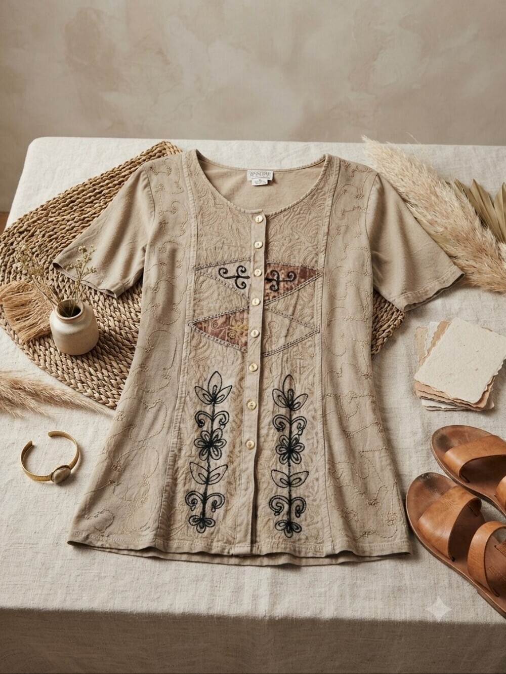 Vintage 90s Speed Limit Embroidered Button Front Boho Short Sleeve Mini Dress